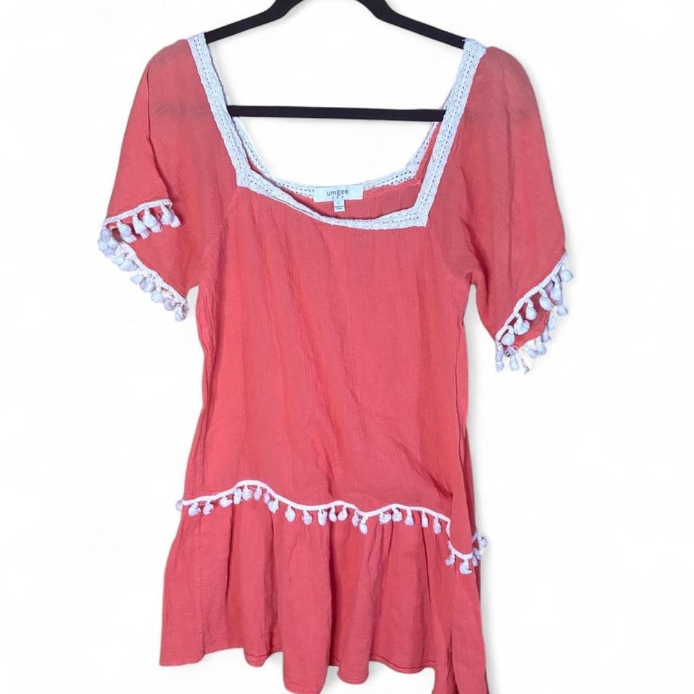 Umgee USA Coral Pink Lace Trim Tassel Boho Blouse Top Large